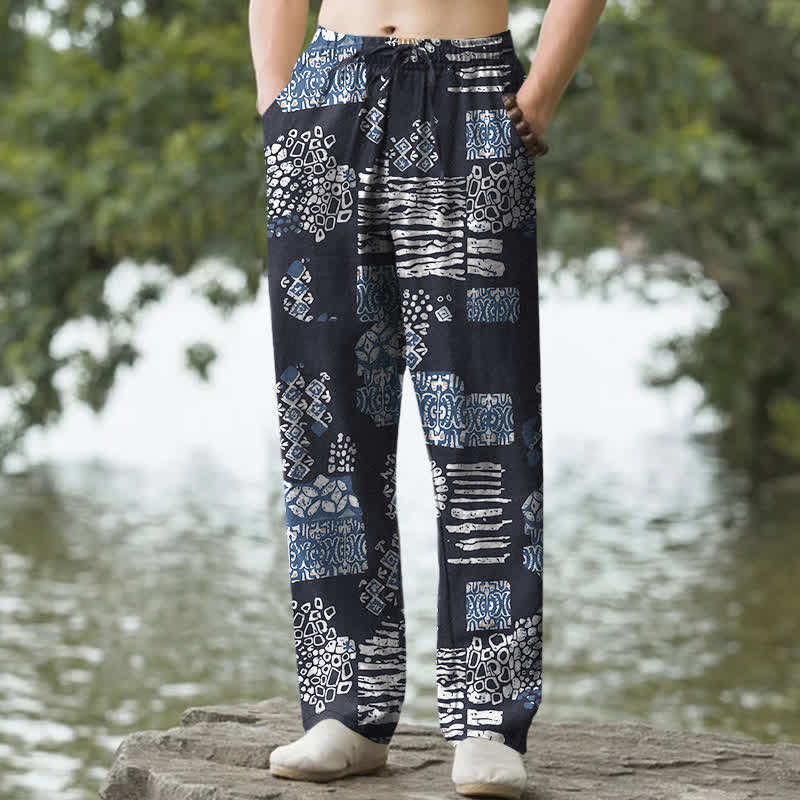 Buddha Stones Cotton Geometric Patchwork Pattern Men's Tapered Pants With Pockets - Navy - US/UK/AU50，EU60 (5XL) - image 0