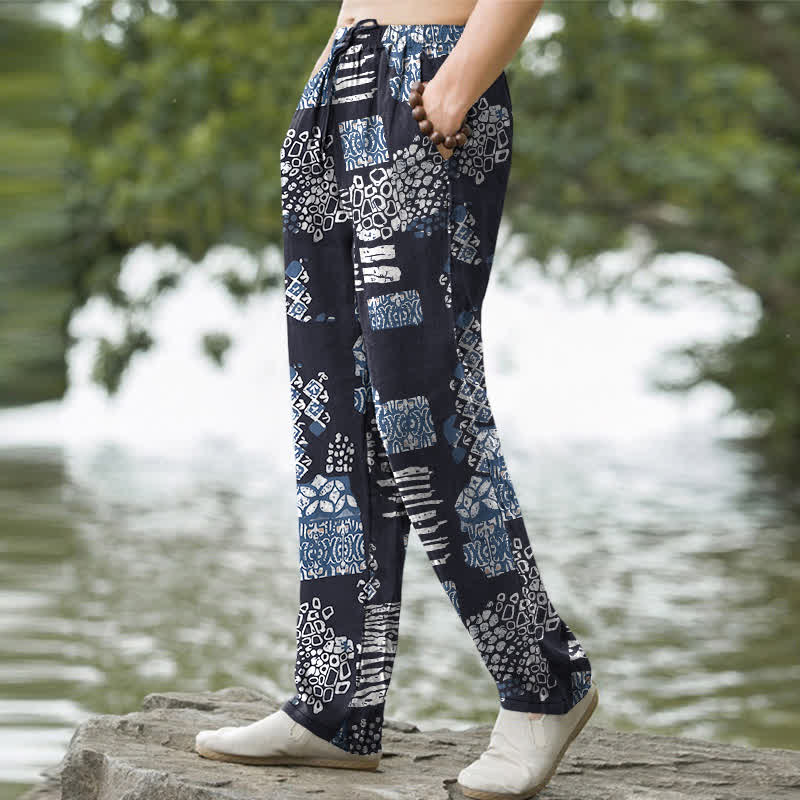 Buddha Stones Cotton Geometric Patchwork Pattern Men's Tapered Pants With Pockets - image 1