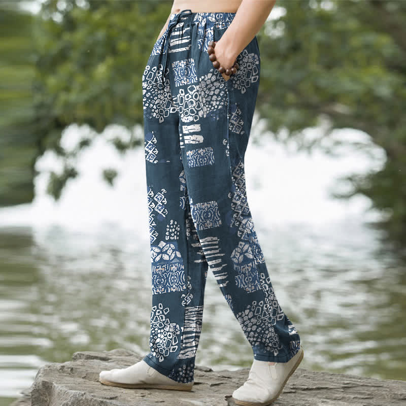 Buddha Stones Cotton Geometric Patchwork Pattern Men's Tapered Pants With Pockets - image 5