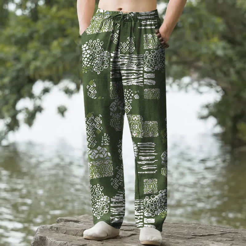 Buddha Stones Cotton Geometric Patchwork Pattern Men's Tapered Pants With Pockets - OliveDrab - US/UK/AU50，EU60 (5XL) - image 6