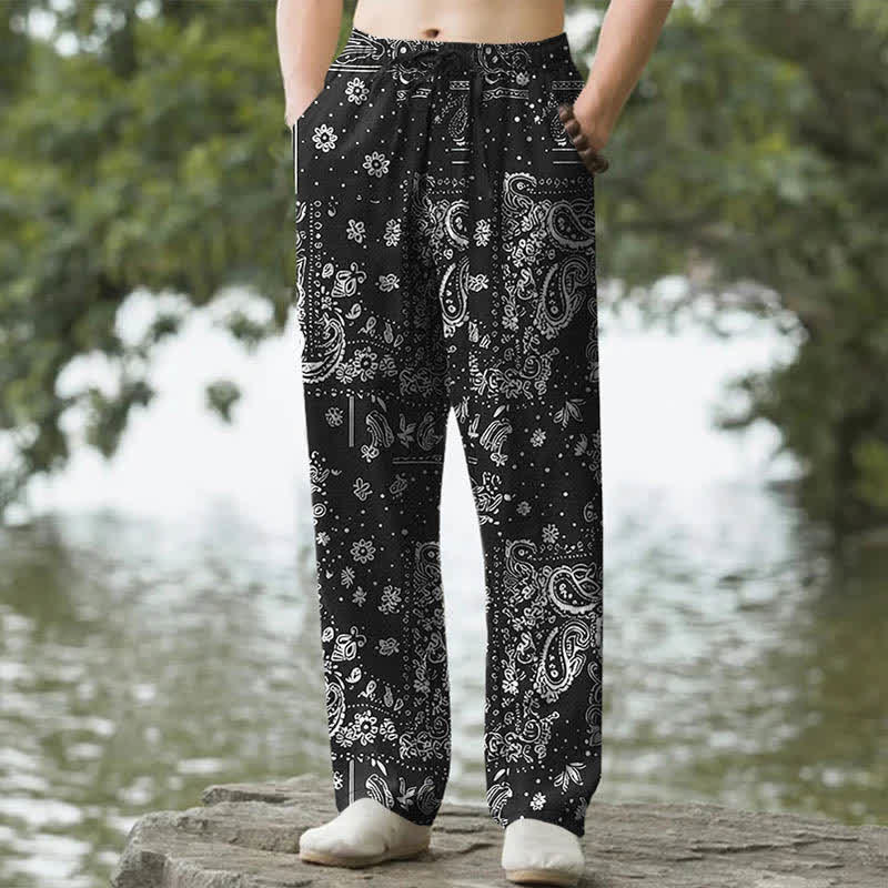 Buddha Stones Cotton Cashew Flowers Paisley Pattern Men's Tapered Pants With Pockets - Black - US/UK/AU50，EU60 (5XL) - image 0
