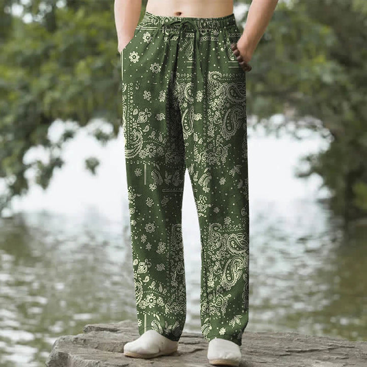 Buddha Stones Cotton Cashew Flowers Paisley Pattern Men's Tapered Pants With Pockets - Olive - US/UK/AU50，EU60 (5XL) - image 6