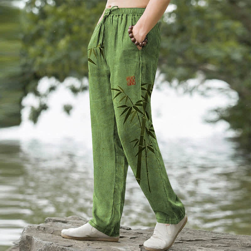 Buddha Stones Cotton Bamboo Leaves Ink Pattern Men's Tapered Pants With Pockets - image 1