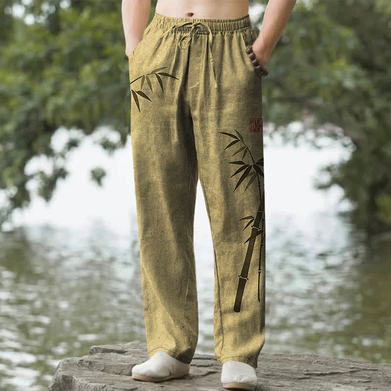 Buddha Stones Cotton Bamboo Leaves Ink Pattern Men's Tapered Pants With Pockets - DarkKhaki - US/UK/AU50，EU60 (5XL) - image 6