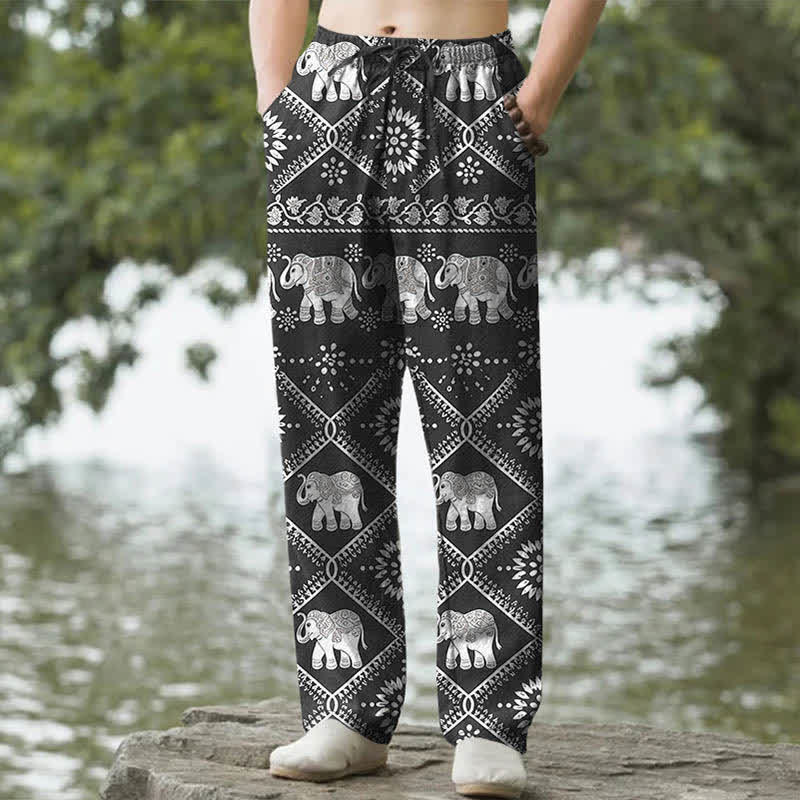 Buddha Stones Cotton Elephant Mandala Pattern Men's Tapered Pants With Pockets - Black - US/UK/AU50，EU60 (5XL) - image 0
