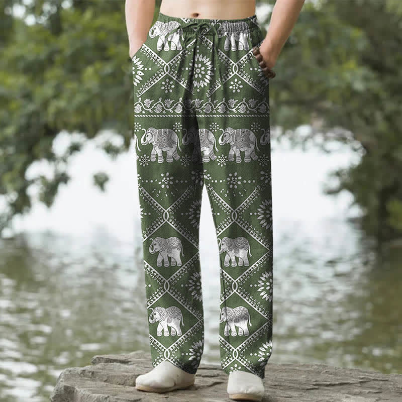 Buddha Stones Cotton Elephant Mandala Pattern Men's Tapered Pants With Pockets - OliveDrab - US/UK/AU50，EU60 (5XL) - image 4