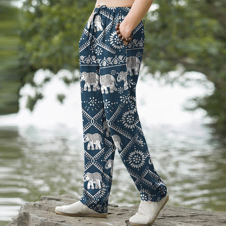 Buddha Stones Cotton Elephant Mandala Pattern Men's Tapered Pants With Pockets - image 7