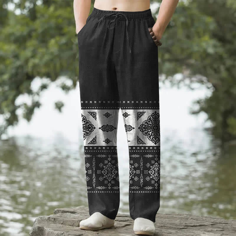 Buddha Stones Cotton Bandana Mosaic Pattern Men's Tapered Pants With Pockets - Black - US/UK/AU50，EU60 (5XL) - image 0
