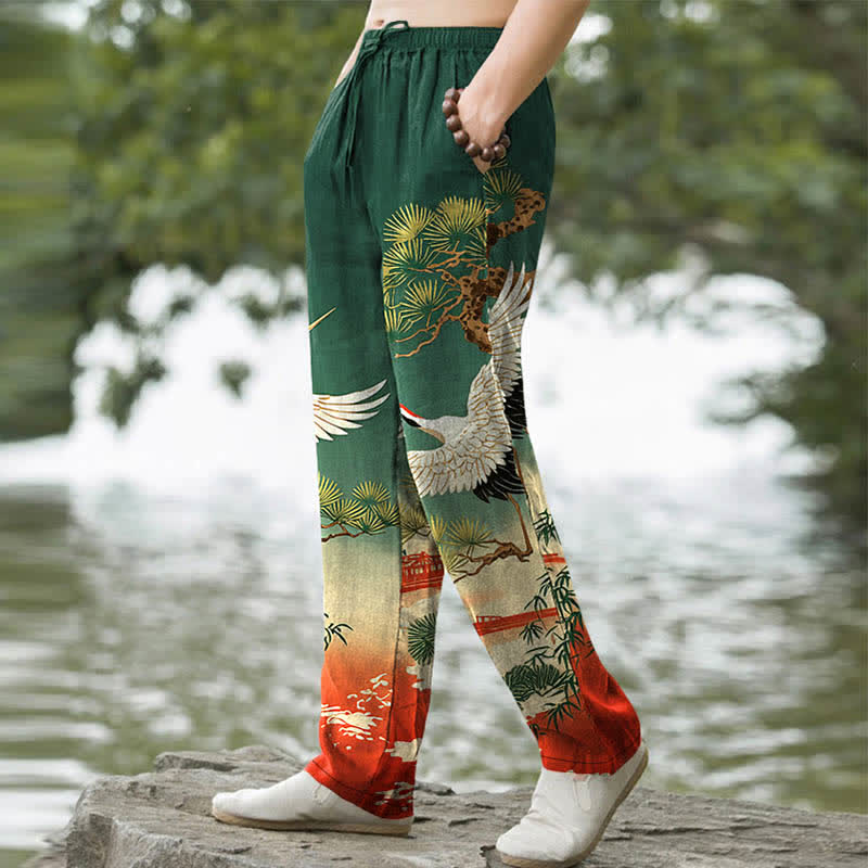 Buddha Stones Cotton Crane Pine Temple Landscape Pattern Men's Tapered Pants With Pockets - image 1