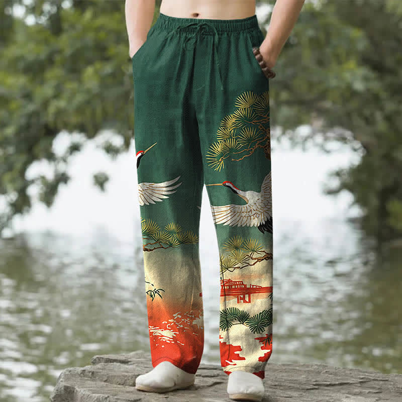 Buddha Stones Cotton Crane Pine Temple Landscape Pattern Men's Tapered Pants With Pockets - ForestGreen - US/UK/AU50，EU60 (5XL) - image 0