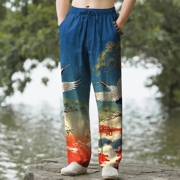 Buddha Stones Cotton Crane Pine Temple Landscape Pattern Men's Tapered Pants With Pockets - RoyalBlue - US/UK/AU50，EU60 (5XL) - image 4