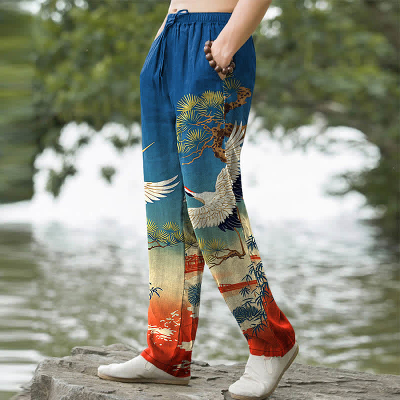 Buddha Stones Cotton Crane Pine Temple Landscape Pattern Men's Tapered Pants With Pockets - image 5