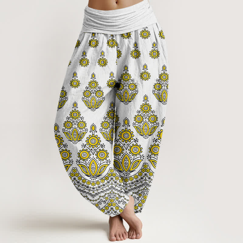 Buddha Stones Pure Cotton Mandala Floral Pattern Women's Elastic Waist Harem Pants - Yellow - US16，UK/AU20，EU48 (3XL) - image 3