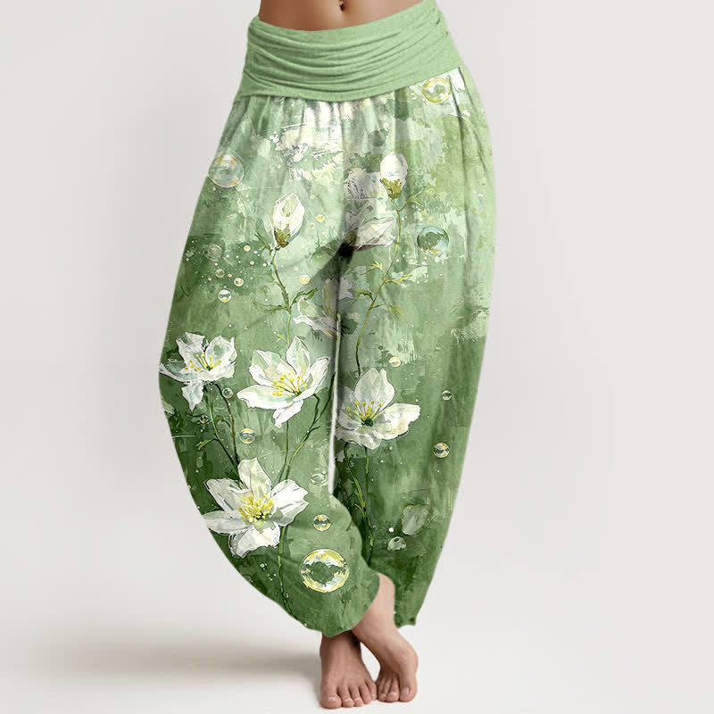 Buddha Stones Pure Cotton Watercolor White Lotus Pattern Women's Elastic Waist Harem Pants - LightGreen - US16，UK/AU20，EU48 (3XL) - image 0