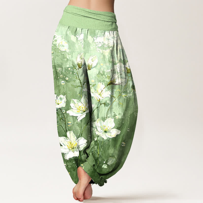 Buddha Stones Pure Cotton Watercolor White Lotus Pattern Women's Elastic Waist Harem Pants - image 2
