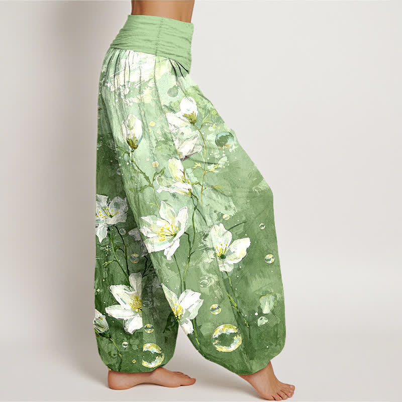 Buddha Stones Pure Cotton Watercolor White Lotus Pattern Women's Elastic Waist Harem Pants - image 1