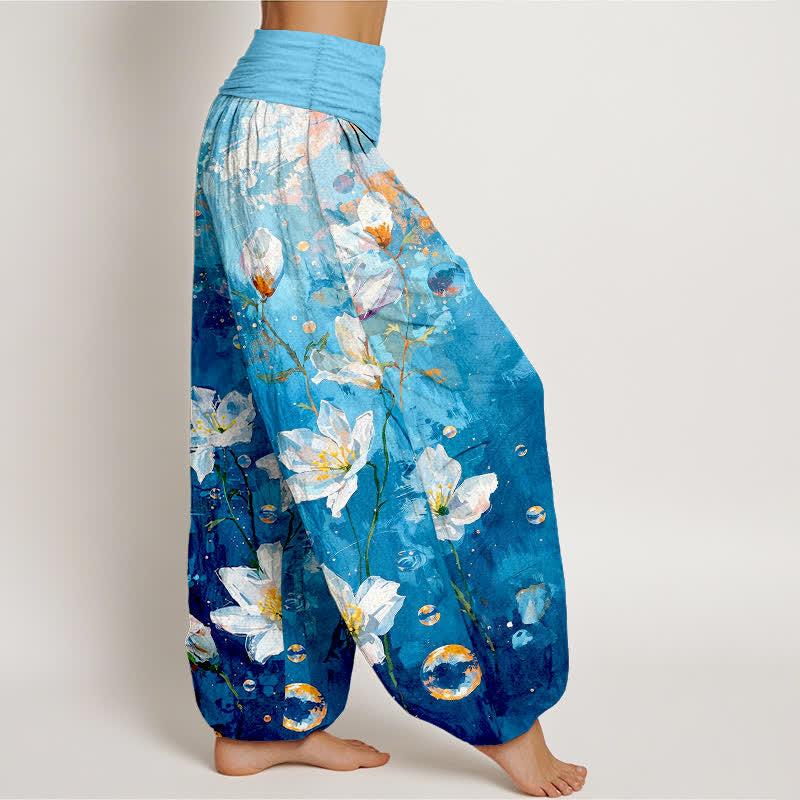 Buddha Stones Pure Cotton Watercolor White Lotus Pattern Women's Elastic Waist Harem Pants - image 4