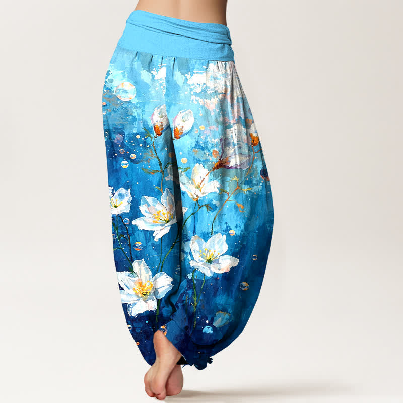 Buddha Stones Pure Cotton Watercolor White Lotus Pattern Women's Elastic Waist Harem Pants - image 5