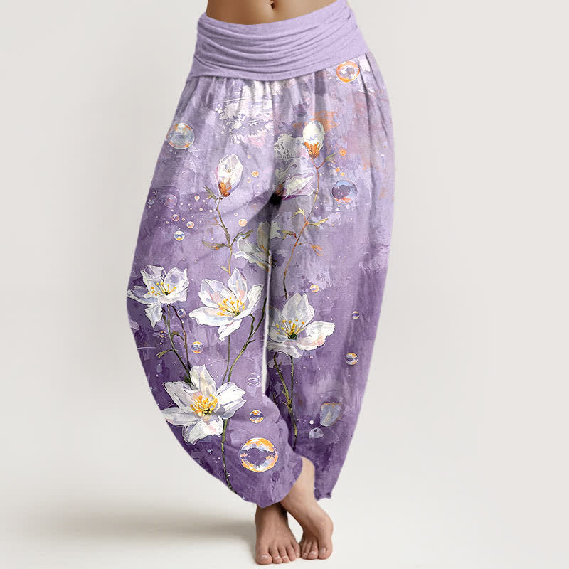 Buddha Stones Pure Cotton Watercolor White Lotus Pattern Women's Elastic Waist Harem Pants - Lavender - US16，UK/AU20，EU48 (3XL) - image 6