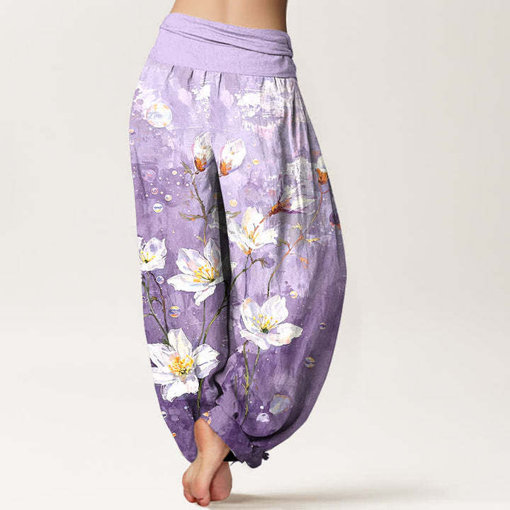 Buddha Stones Pure Cotton Watercolor White Lotus Pattern Women's Elastic Waist Harem Pants - image 8