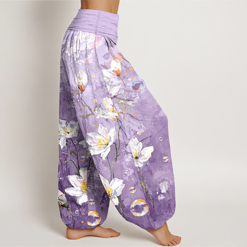 Buddha Stones Pure Cotton Watercolor White Lotus Pattern Women's Elastic Waist Harem Pants - image 7