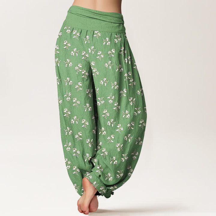 Buddha Stones Cotton Ditsy White Floral Pattern Women's Elastic Waist Harem Pants - image 5