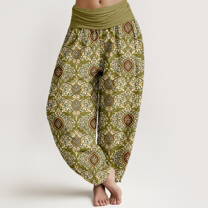 Buddha Stones Pure Cotton Paisley Diamond Pattern Women's Elastic Waist Harem Pants - Olive - US16，UK/AU20，EU48 (3XL) - image 0