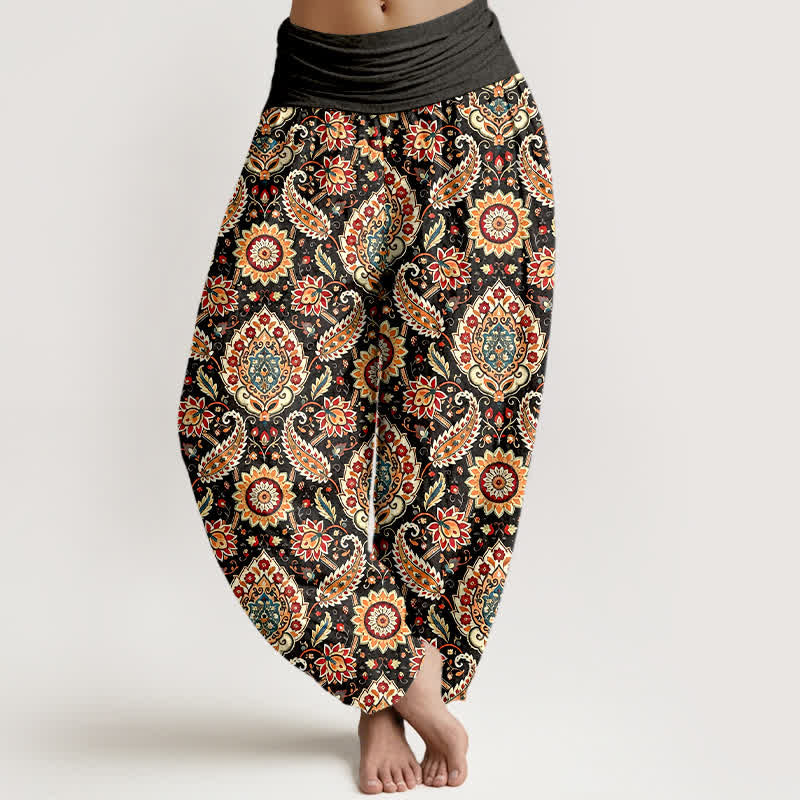 Buddha Stones Cotton Bohemian Mandala Paisley Pattern Women's Elastic Waist Harem Pants - Black - US16，UK/AU20，EU48 (3XL) - image 0