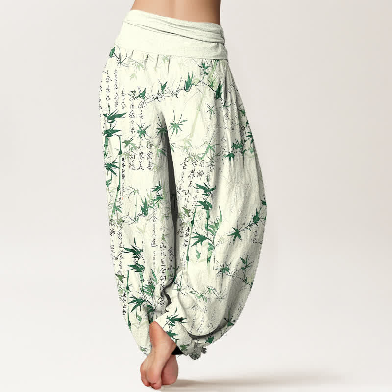 Buddha Stones Pure Cotton Bamboo Leaf Calligraphy Pattern Women's Elastic Waist Harem Pants - image 2