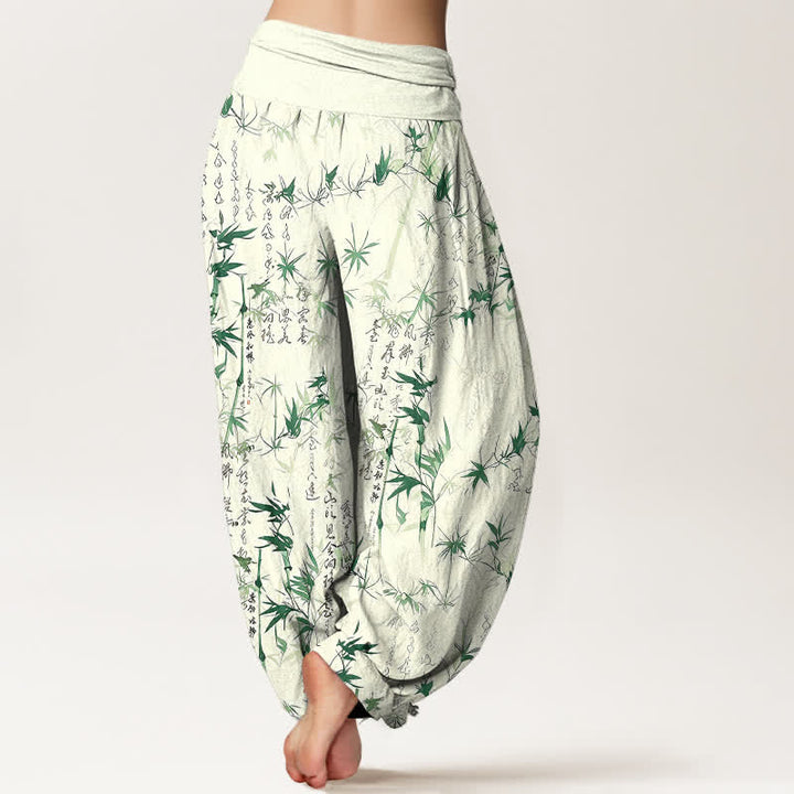 Buddha Stones Pure Cotton Bamboo Leaf Calligraphy Pattern Women's Elastic Waist Harem Pants - image 2