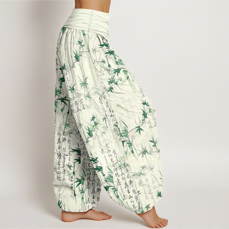 Buddha Stones Pure Cotton Bamboo Leaf Calligraphy Pattern Women's Elastic Waist Harem Pants - image 1