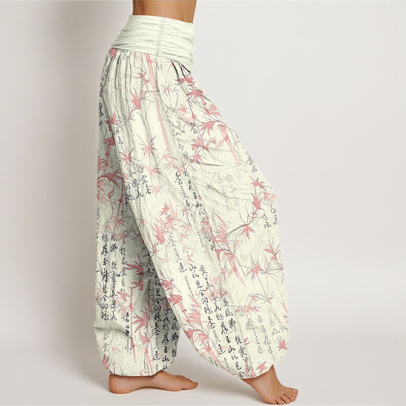 Buddha Stones Pure Cotton Bamboo Leaf Calligraphy Pattern Women's Elastic Waist Harem Pants - image 4