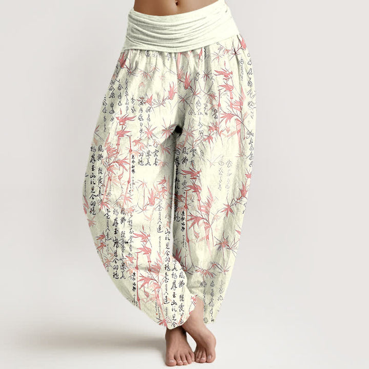 Buddha Stones Pure Cotton Bamboo Leaf Calligraphy Pattern Women's Elastic Waist Harem Pants - Pink - US16，UK/AU20，EU48 (3XL) - image 3