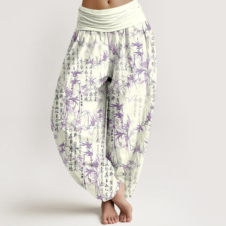 Buddha Stones Pure Cotton Bamboo Leaf Calligraphy Pattern Women's Elastic Waist Harem Pants - DarkOrchid - US16，UK/AU20，EU48 (3XL) - image 6