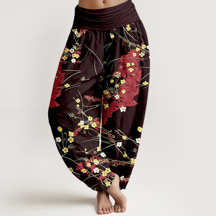 Buddha Stones Pure Cotton Floral Leaf Pattern Women's Elastic Waist Harem Pants - FireBrick - US16，UK/AU20，EU48 (3XL) - image 3
