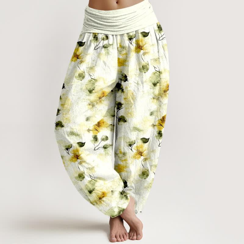 Buddha Stones Cotton Watercolor Floral Leaf Pattern Women's Elastic Waist Harem Pants - Khaki - US16，UK/AU20，EU48 (3XL) - image 0