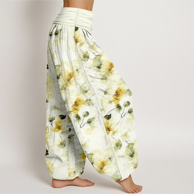 Buddha Stones Cotton Watercolor Floral Leaf Pattern Women's Elastic Waist Harem Pants - image 1