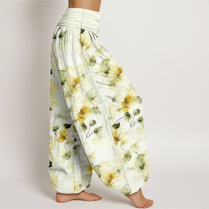 Buddha Stones Cotton Watercolor Floral Leaf Pattern Women's Elastic Waist Harem Pants - image 1