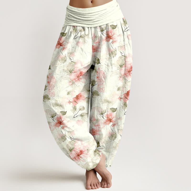 Buddha Stones Cotton Watercolor Floral Leaf Pattern Women's Elastic Waist Harem Pants - LightPink - US16，UK/AU20，EU48 (3XL) - image 6