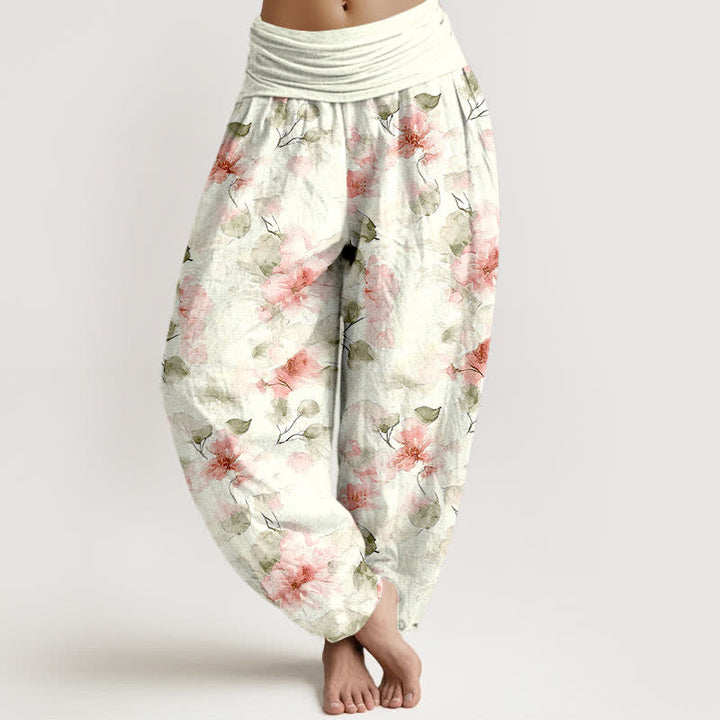 Buddha Stones Cotton Watercolor Floral Leaf Pattern Women's Elastic Waist Harem Pants - LightPink - US16，UK/AU20，EU48 (3XL) - image 6