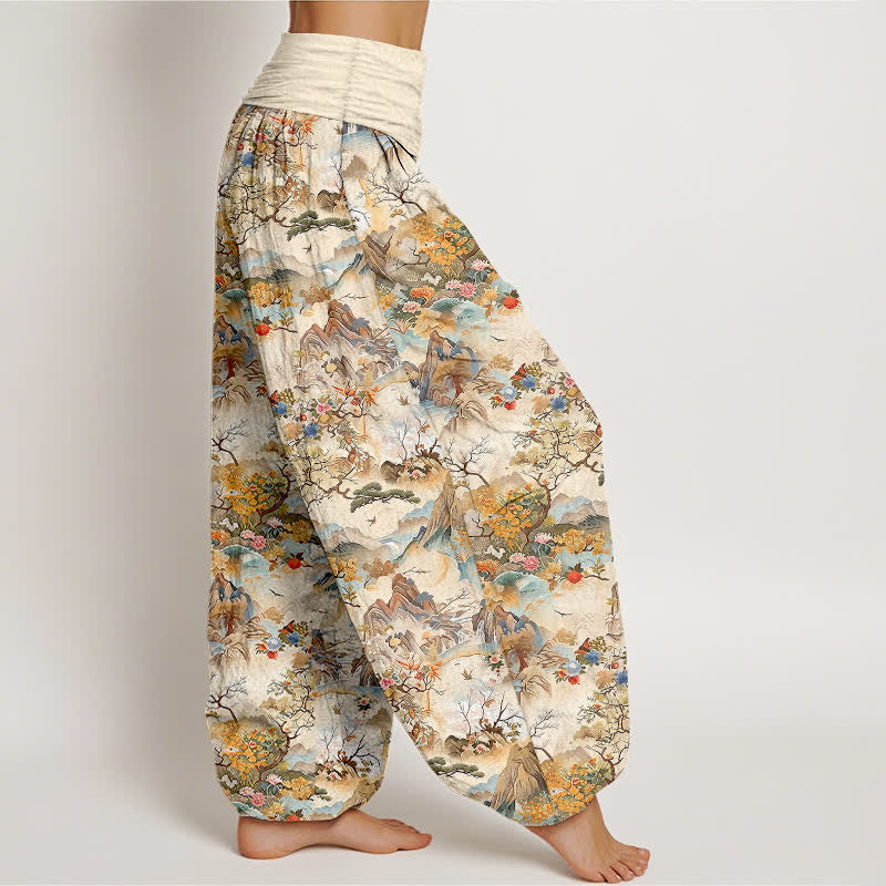 Buddha Stones Cotton Oriental Landscape Pattern Women's Elastic Waist Harem Pants - image 1
