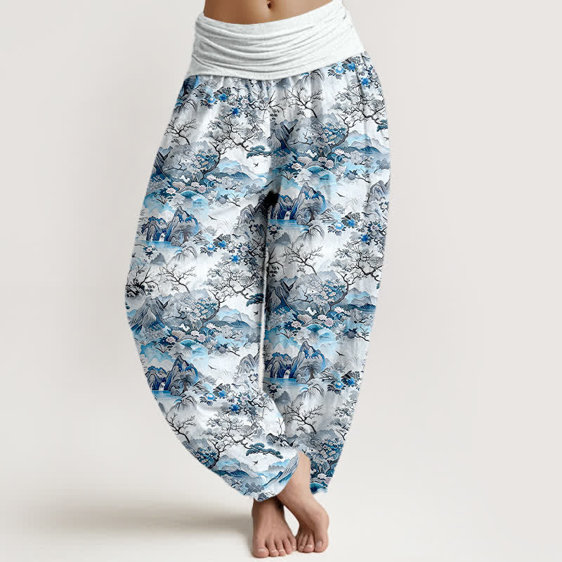 Buddha Stones Cotton Oriental Landscape Pattern Women's Elastic Waist Harem Pants - PaleTurquoise - US16，UK/AU20，EU48 (3XL) - image 3