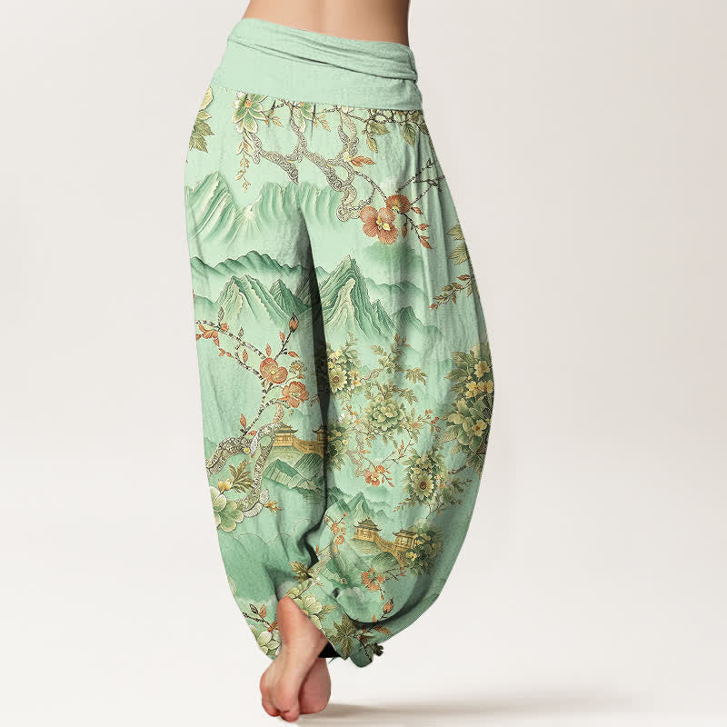 Buddha Stones Cotton Oriental Mountain Floral Pattern Women's Elastic Waist Harem Pants - image 2