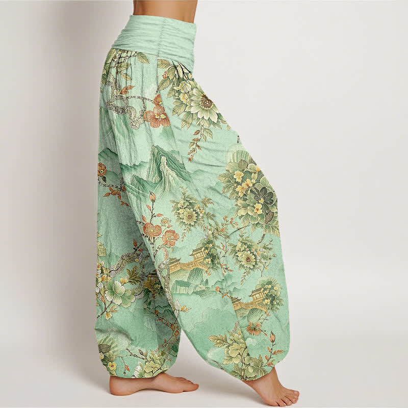 Buddha Stones Cotton Oriental Mountain Floral Pattern Women's Elastic Waist Harem Pants - image 1