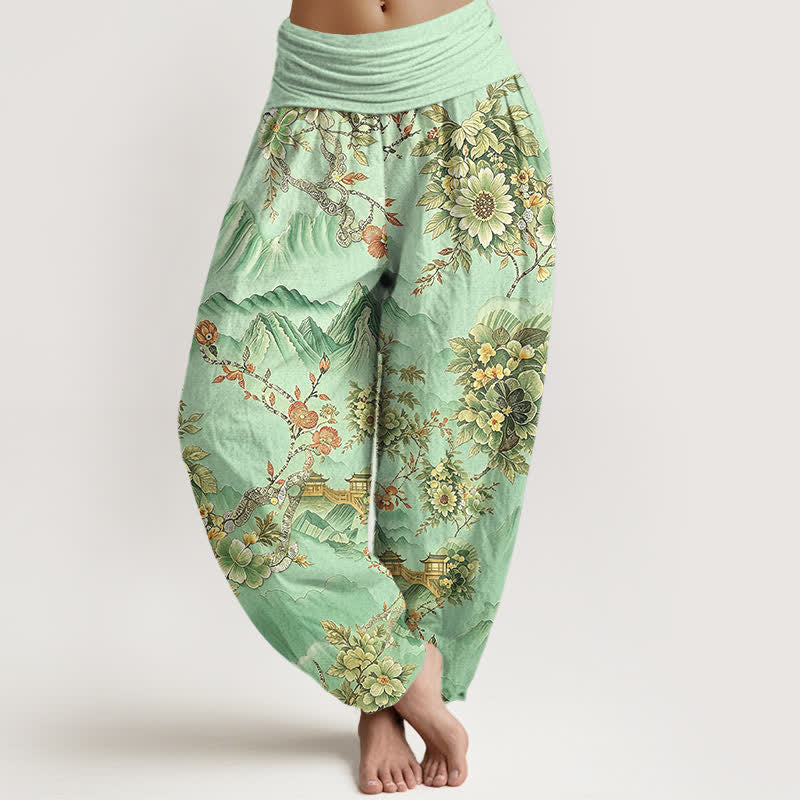 Buddha Stones Cotton Oriental Mountain Floral Pattern Women's Elastic Waist Harem Pants - Aquamarine - US16，UK/AU20，EU48 (3XL) - image 0