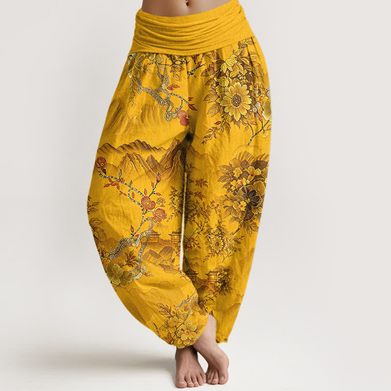 Buddha Stones Cotton Oriental Mountain Floral Pattern Women's Elastic Waist Harem Pants - Goldenrod - US16，UK/AU20，EU48 (3XL) - image 3