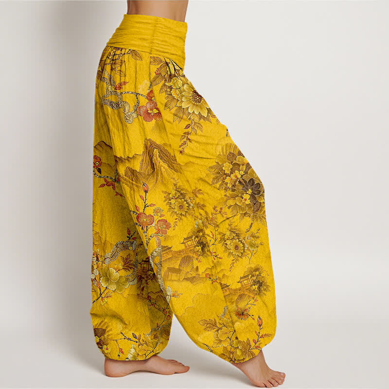 Buddha Stones Cotton Oriental Mountain Floral Pattern Women's Elastic Waist Harem Pants - image 4