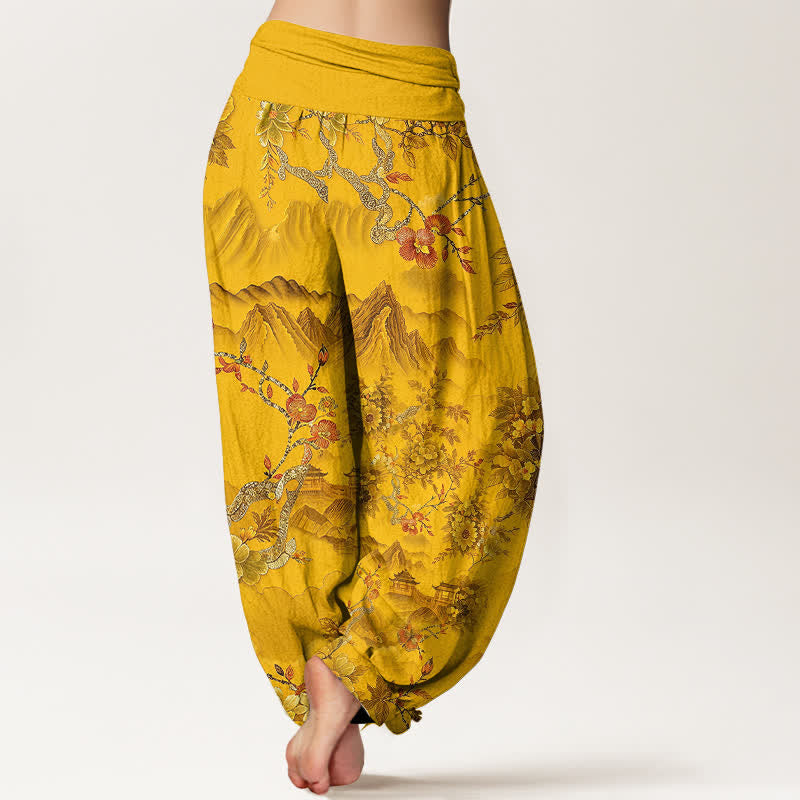 Buddha Stones Cotton Oriental Mountain Floral Pattern Women's Elastic Waist Harem Pants - image 5