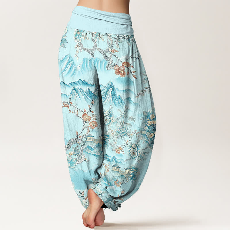 Buddha Stones Cotton Oriental Mountain Floral Pattern Women's Elastic Waist Harem Pants - image 8