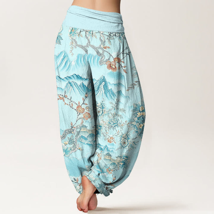 Buddha Stones Cotton Oriental Mountain Floral Pattern Women's Elastic Waist Harem Pants - image 8